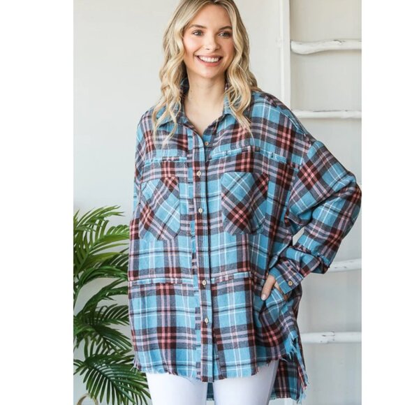 324B OLI & HALI Taupe Combo Mineral Wash Plaid Flannel Shirt - Picture 1 of 3